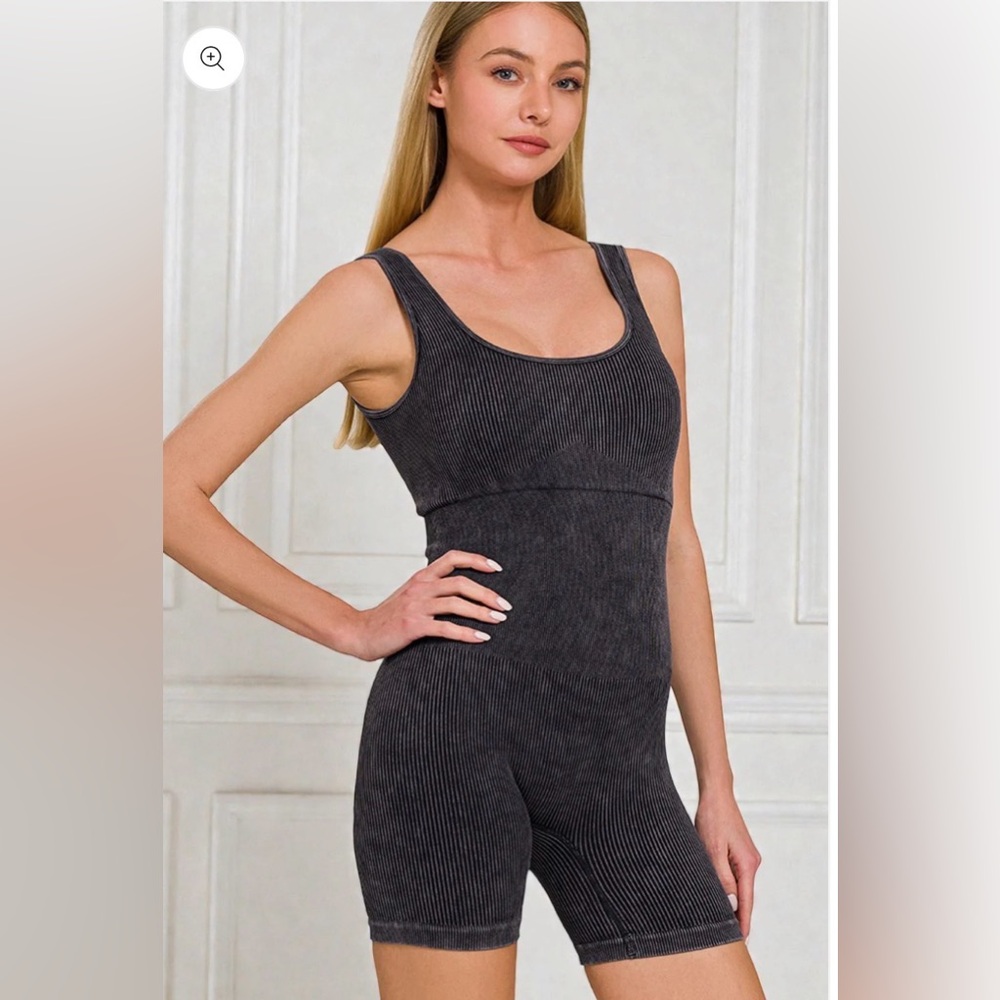 Zenana Outfitters Dark Gray Ribbed Bodysuit
